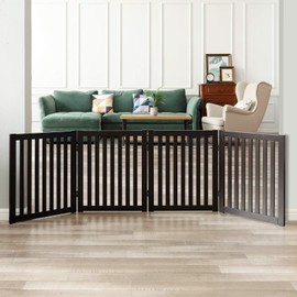 WELLAND 24" Freestanding Pet Gate, Foldable Wooden Dog Gate, 4 Panel Step Over Fence, Indoor Puppy Gate, Expands Up to 80" Wide, Espresso