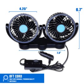 ZONETECH Car Cooling Air Fan 12V- Dual Head Car Auto Electric Cooling Air Fan for Rear Seat (Black 1 pack)