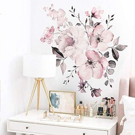 COVPAW® Wall Sticker XXL Painted Roses Peony Pink Flowers Wall Sticker Mural Pictures Living Room Bedroom Decoration