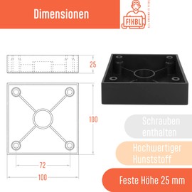 F!XBL Cuba Grande Furniture Feet 2.5 cm High with Felt Gliders Black Square Set of 4