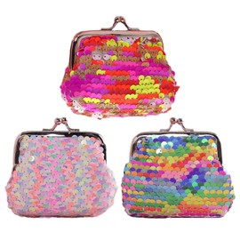 ATBUSS 3 Pieces Reversible Sequin Bag, Portable Storage Tool, Iron Buckle Clip Bag, Kiss Lock Closure Coin Pouch, Mini Jewelry Pouch, Birthday Party Gift, Colourful, Modern