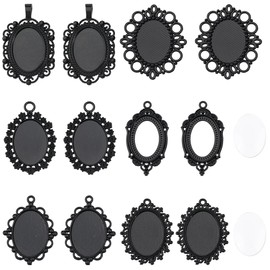 SUNNYCLUE 1 Box 24Pcs 12 Sets 18x25mm Blank Pendant Tray Cabochon and Bezel Sets Bulk Dome Frame Cameo Metal Alloy Oval Pendant Trays for Jewellery Making DIY Crafts Bouquet Classmate Graduation Women