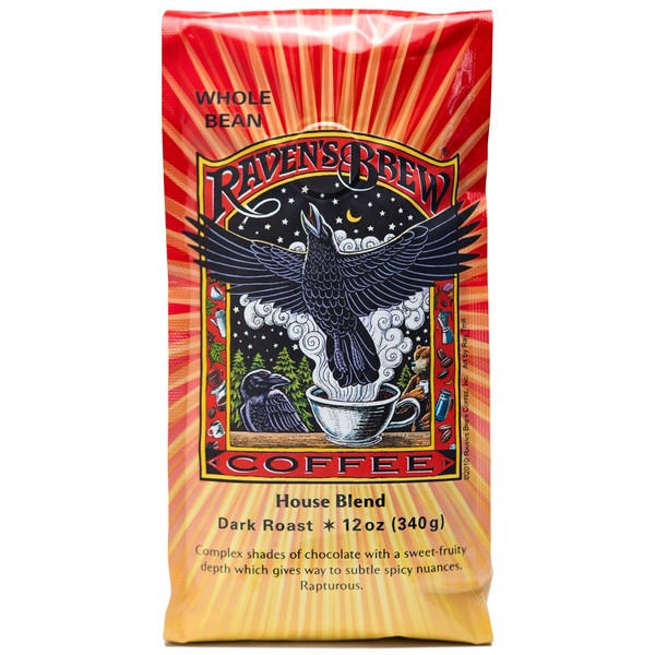 Raven’s Brew Coffee Whole Bean House Blend – Dark Roast – Breakfast Coffee Bliss – Delicious as Espresso – 12oz Bag