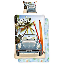 BERONAGE VW Volkswagen Beetle Bed Linen, Blue, 135 cm x 200 cm + 80 cm x 80 cm, 100% Cotton, Renforcé Linon Quality, Oldtimer, Retro, Bulli, Camper, Van, New Beetle, T1 with Zip, German Size 005