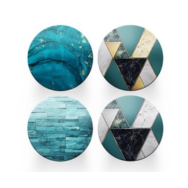 4 x Round Art Deco Coasters - Teal Blue Agate Marble Effect Set Theme Women House Warming Circle Drinks Kitchen Decoration Décor Gift #80167