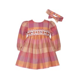 Bonnie Jean Thanksgiving Dress - Buffalo Check Pumpkin Smocked Dress with Headband for Baby, Toddler, Little Girls, Orange Spice, 4T