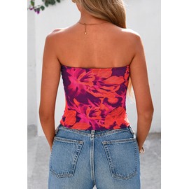 PRETTYGARDEN Strapless Tube Tops for Women 2025 Summer Mesh Floral Y2K Bandeau Cute Crop Top Trendy Going Out Outfits (Purple Orange,Small)