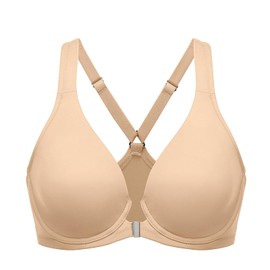 DELIMIRA Women's Front Closure Racerback Bra Large Sizes Underwired Bra Deep Neck Unlined Full Cups, Warm beige