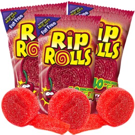 Needzo Rip Rolls Sour Candy Rolls, Cherry Fruit Flavor Fat Free Licorice Belt Candies, Individually Wrapped Shareable Snacks for Boys or Girls, Pack of 3