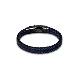 QUKE Mens Leather Bracelet Black & Blue Braided Leather Adjustable Stainless Steel Clasp Bracelets for Son (Fit for Wrist Length:19-21CM)