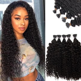 50G/Pack 28Inch Long I Tip Hair Extensions Human Hair 4-5 Packs for Full Head Pre Bonded I Tip Hair Bundles Cold Fusion Ketatin Stick Tippeds Real Human Hair Kinky Curly #1B I Tip Hair Extensions