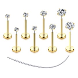 Flat Back Earrings Stud G23 Titanium Threadless Piercing Kit - Cartilage Earrings for Women Men - Hypoallergenic Tragus|Conch|Rook|Daith|Medusa|Lip|Labret|Nose Piercings Jewelry 8PCS Gold 16G