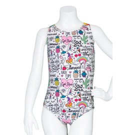 Destira Unicorn Doodles Strappy Gymnastics Leotard for Girls, White with Sayings and Designs, Soft Comfortable Fabric Athletic Wear, Child Small (6x)