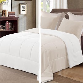 Exclusivo Mezcla Lightweight Reversible 3-Piece Comforter Set All Seasons, Down Alternative Comforter with 2 Pillow Shams, Queen Size, Brich Beige/White