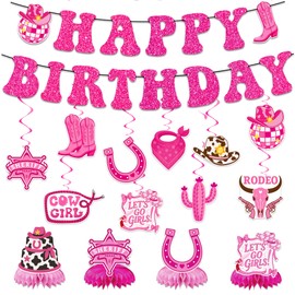 Western Cowgirl Birthday Party Decorations - 16 Pcs Pink Disco Bachelorette Decoration Including Happy Birthday Banner Cowgirls Hat Hanging Swirls Honeycomb Centerpiece for Bridal Shower Supplies