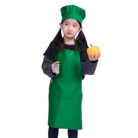 ALIPOBO Kids Apron and Chef Hat Set, Children's Adjustable Bib Apron with 2 Pockets. Cute Boys Girls Kitchen Apron for Cooking, Baking, Painting, Training Wear (2-5 Year, Green)