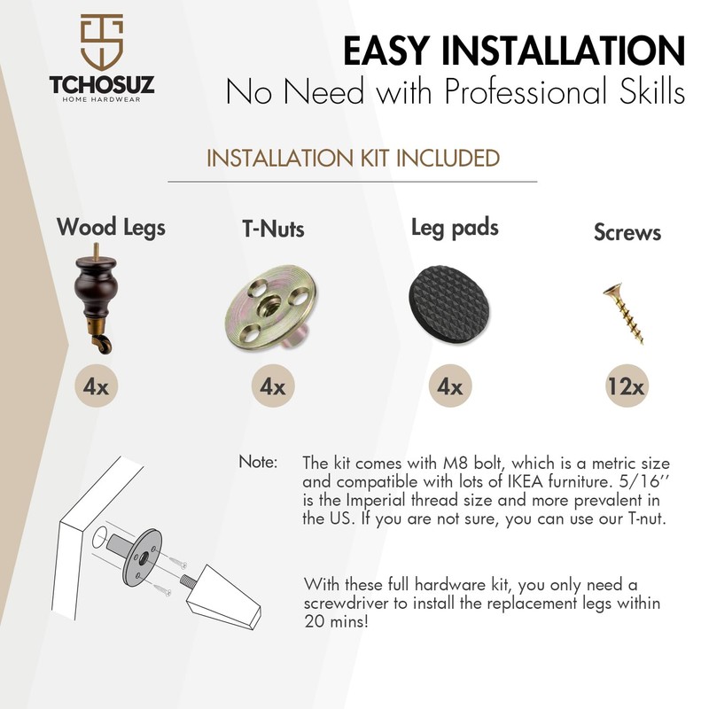 TCHOSUZ 6 inch / 14cm Wooden Furniture Legs with Casters