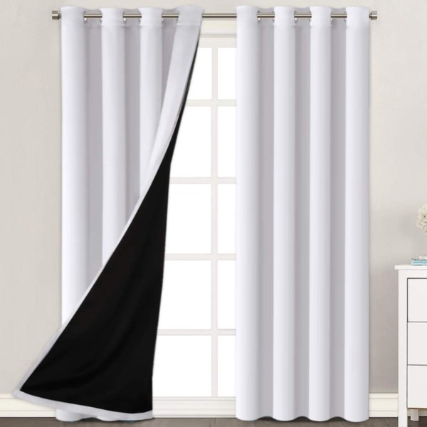 100% Blackout White Curtains 108 Inches Long (2 Layers) Full Light Blocking Lined Window Curtain Draperies for Bedroom Thermal Insulated Soft Thick Silky Grommet 2 Panels, White with Black Liner