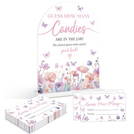 Baby Shower Games - Butterfly Guess How Many Candies Are in the Jar Game, 1 Arch Acrylic Sign and 50 Guessing Cards, Gender Reveal Game, Purple Butterfly Baby Shower Decoration Supplies (ZF02)