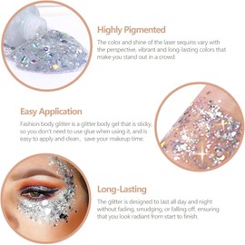 Girl Body Glitter Gel, 50ML Face Glitters Body Gel Sequins Shimmer Liquid Eyeshadow, Mermaid Sequins Liquid Holographic Glitter Gel, Chunky Glitter for Face Hair Nails(White) (Silver)