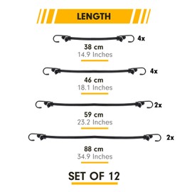 PRETEX PRETEX 12 Bungee Cords with Hooks - Long Cord Rope Pack in Black - Strong Elastic Tie Down Moving Straps w/Heavy Duty Hooks - Bungees Pack for Various Cargo