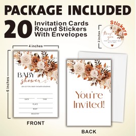 Ketsord 20 Baby Shower Invitations & Thank You Stickers - Fall Boho Floral Invites, Envelopes And Adhesive Round Thank You Stickers, Gender Reveal, Baby Announcement Party Favor (A05)