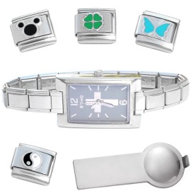 D'linQ Cross Italian Charm Watch Bracelet Plus Charm Tool & Enamel Charms