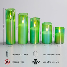 Eywamage Green Glass Flameless Candles with Remote Batteries, Flickering Slim Tall LED Pillar Votive Candles Set of 5