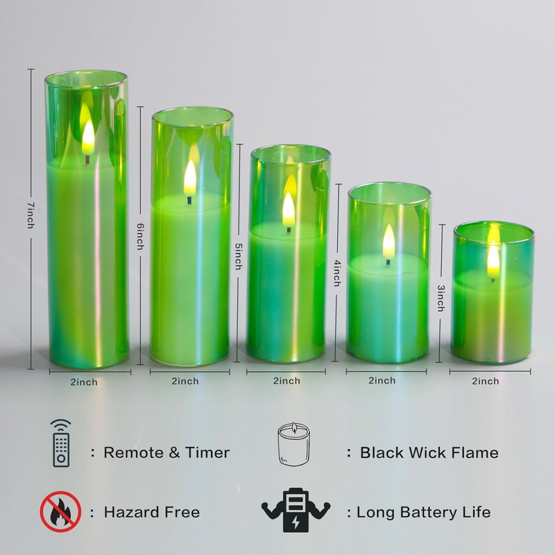 Eywamage Green Glass Flameless Candles with Remote Batteries, Flickering Slim