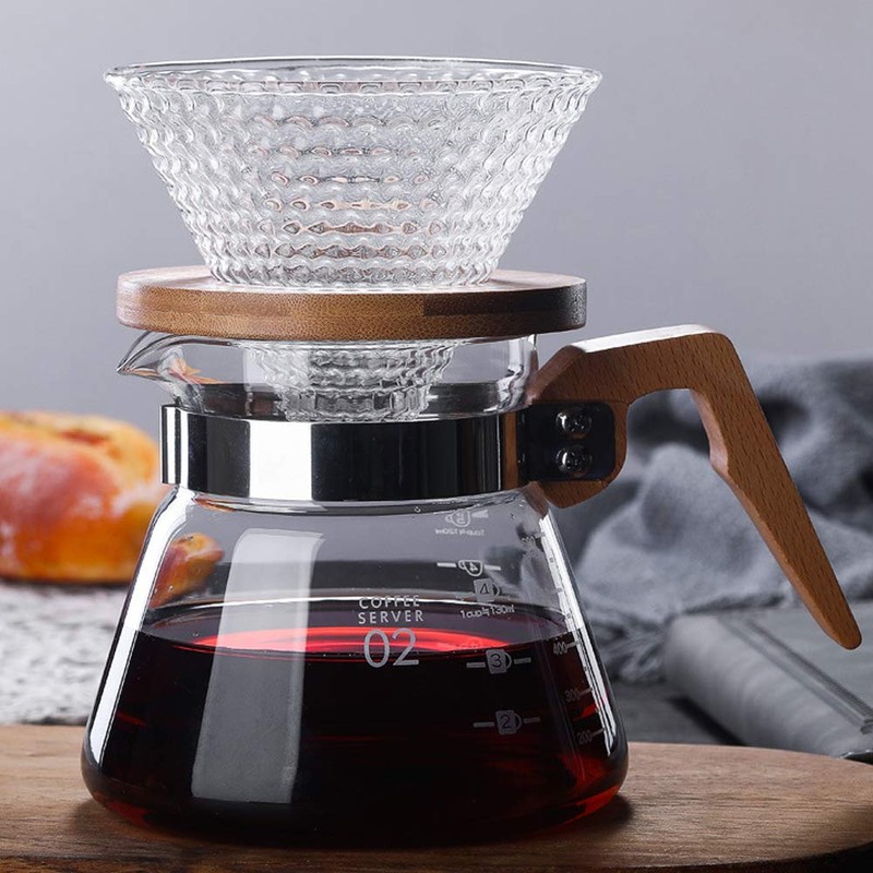 TAMUME 12cm Glass Coffee Dripper with Wooden Support Coffee Filter