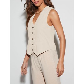 Floral Find Womens Casual Button Down Sleeveless Vest Fully Lined V Neck Business Jacket Waistcoat with Pocket (Beige, Large)