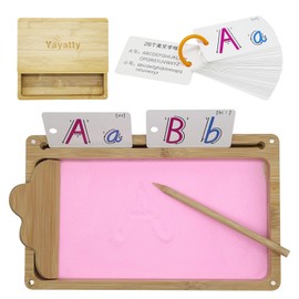 Yayatty Wooden Sand Trays Sand Tray with Lid for Kids Writing Letters and Numbers, 10.2 x 6.3 Inch Montessori Sand Tray Wooden Sand Writing Trays with Pink Sand, Card, Pen for Kids Drawing