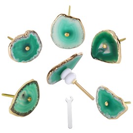 Malimali Home Set of 6 Green Agate Knobs for Dresser Drawers Gold Kitchen Bathroom Cabinet Pulls Unique Vintage Closet Door Cupboard Handles Furniture Hardware Natural Stone Flat Agate Slices