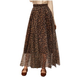 L'VOW Leopard Skirt for Women High Waist Leopard Print Maxi Skirts Long Pleated Shirring Cheetah Skirts(Ab-Brown,XL)