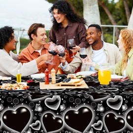 Coynurex 3-Pack Black Heart Plastic Tablecloths – 51" x 87" Disposable Table Covers for 2000s Theme Party, Cholo Decor, Birthday or Back-to-School Events