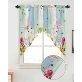 BEMIGO Happy Easter Swag Valances Kitchen Decor Curtain Bunny Spring Floral Rod Pocket Thermal Insulated&Washable Window Curtains for Kitchen Bedroom Valances for Windows 2 Panel, 36x36inch