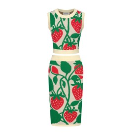 OXKNIT Women's Knitted Vest Skirt Sets, 1960s Mod Style Retro Strawberry Tank Straight Skirt 2 Piece Sets Summer Outfits