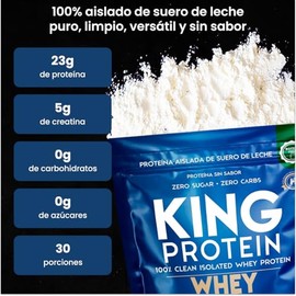 KING PROTEIN  Aislado de suero de leche puro y sin sabor con monohidrato de creatina  23 g de protena, 5 g de creatina y BCAA  Sin carbohidratos,...  