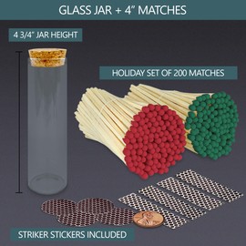 4” Christmas Themed Matches in a Chic Jar with Striker Strikers Included | Red & Green Colorful Safety Matches | 200 Quality Artisan Matchsticks | Festive in Your Home or as a Holiday Gift