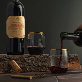 Munfix Plastic Stemless Wine Glasses with Gold Rim, Disposable Clear Plastic Cups 12 Oz - 24 Pack - Shatterproof Recyclable and BPA-Free