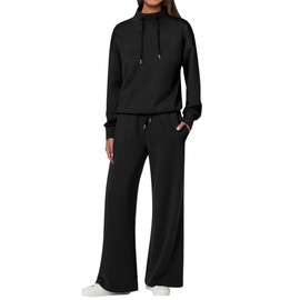 ANRABESS Womens 2 Piece Outfits Sweatsuit Set 2024 Fall Drawstring Sweatshirt Wide Leg Sweatpant Lounge Set Tracksuit Black Large