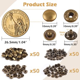 PECMER 50 Sets Snap Fasteners Kit 10mm Antique Bronze Snap Buttons for Jackets Bags Belt Bracelets Sewing Clothes Leather Craft (200 Pcs)