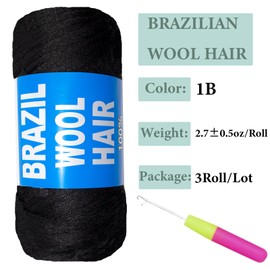 3 Roll Natural Black Brazilian Wool Hair Yarn for Jumbo Braids Braiding Hair for Soft Faux Locs Goddess Locs Hair Extension Senegalese Twist Crochet Hair for Black Women (1B, 3Roll)