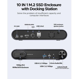 ORICO M.2 SSD Enclosure Docking Station, 10-in-1 USB C Docking Station Supports M.2 NVMe/SATA SSD, USB-A, 10Gbps USB-C, 4K @ 60Hz, HDMI, 100W PD, Ethernet, 3.5mm Audio Jack, 2 USB Ports