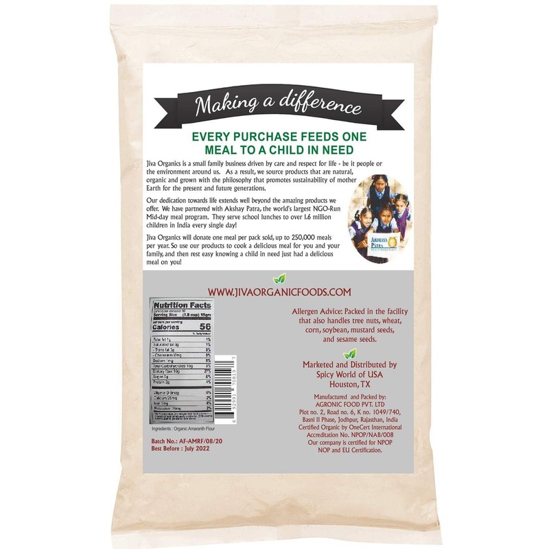 Jiva Organics Organic Amaranth Flour 2 Pound Bulk Bag -