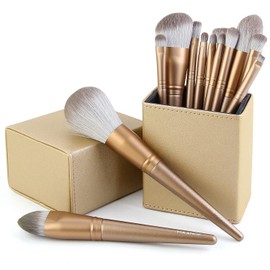 METREY Professional Makeup Brushes 14 Pcs with Holder, Foundation Eyeshadow Blush Concealer Powder Makeup Brush with Case Set (Gold)