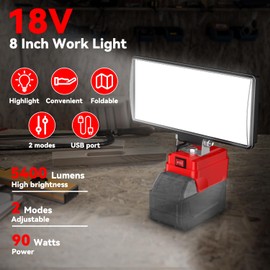 8" Cordless LED Work Light for Milwaukee M18 Battery, Two Levels Adjustable FloodLight up to 90W 5400 Lumens with USB Charging Port, Portable LED Flashlight for Work, Camping, Outdoor(No Battery)