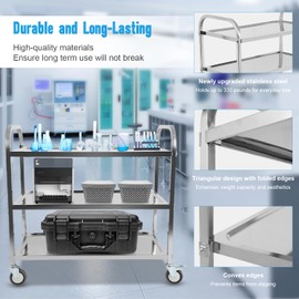 3 Shelf Stainless Steel Cart with Wheels, Kitchen Rolling Cart 330 lbs Weight Capacity, Service Trolley with Lockable Universal Wheels, for Lab, Clinic, Kitchen, Salon, 37.2" L X 19.2" W X 36.4" H