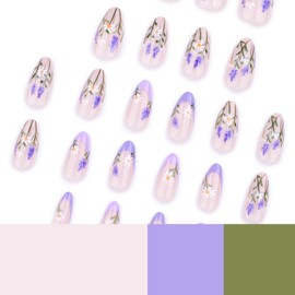 RTKHFZE Press on Nails Almond French Tip Fake Nails Medium False Nails with Flower Designs Artificial Nails Glossy Purple Glue on Nails Cute Summer Stick on Nails for Women 24Pcs