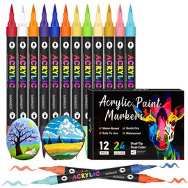 24 Colors Acrylic Paint Markers, 12 Pack Dual tips Acrylic Paint Pens for Rock Painting, Canvas, Wood, Glass, Ceramic, Fabric, Plastic, Egg & Scrapbook. Soft Brush Tips Paint Pens and Paint Markers